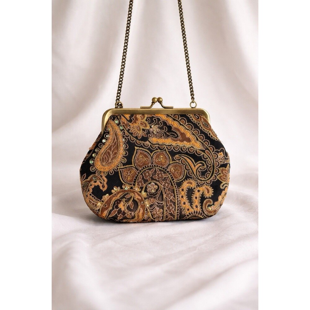 Marco Avane Vintage Beaded Clutch Crossbody Kiss Lock Black Gold Tapestry